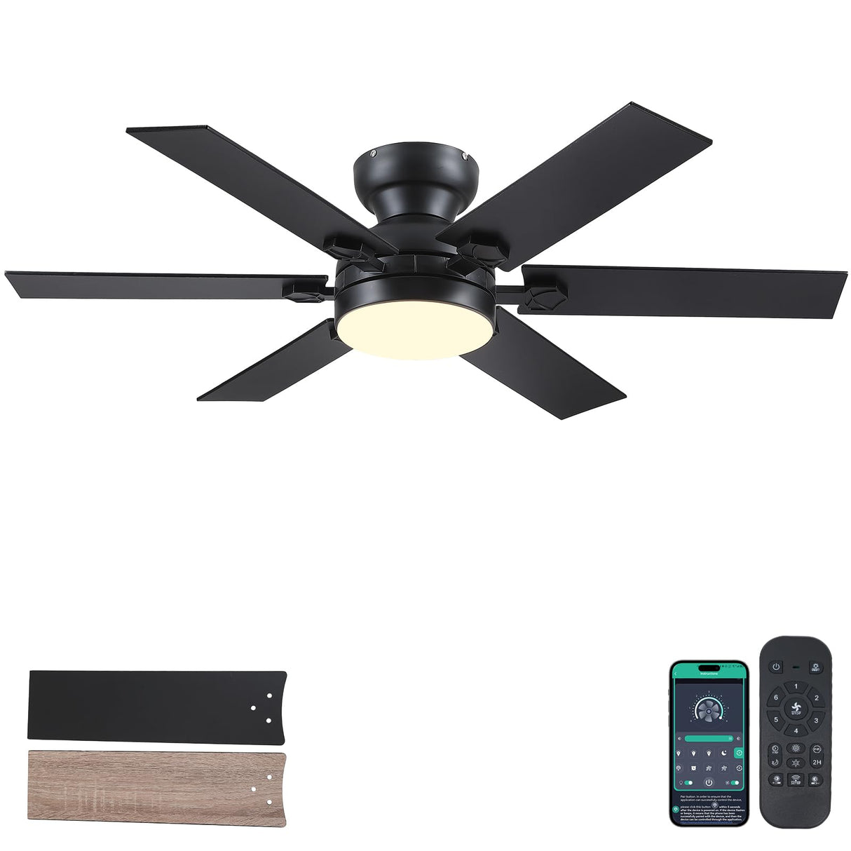Goniyado 46" Low Profile Ceiling Fans with Lights and Remote,Black Outdoor Ceiling Fans with Quiet Reversible DC Motor, Modern Flush Mount Ceiling Fans for Living Room Patio Kitchen Goniyado