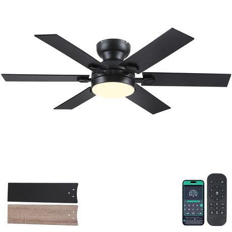 Goniyado 46" Low Profile Ceiling Fans with Lights and Remote,Black Outdoor Ceiling Fans with Quiet Reversible DC Motor, Modern Flush Mount Ceiling Fans for Living Room Patio Kitchen Goniyado