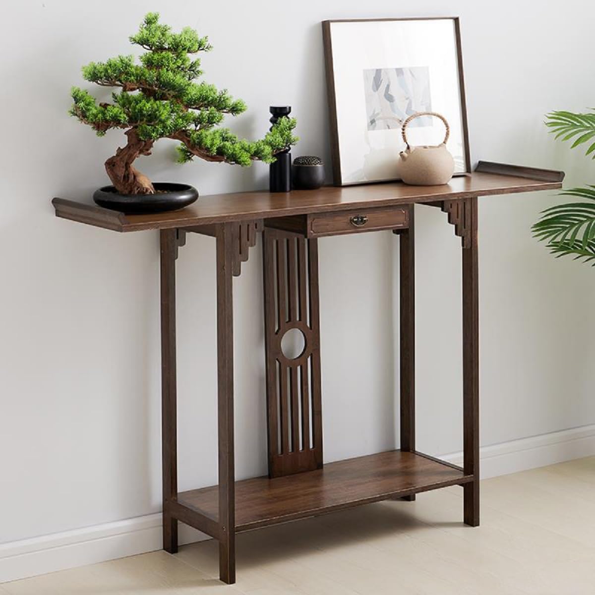 Gdrasuya10 Japanese Style Walnut Bamboo Console Table – Vintage Entryway Sofa Table with Drawer (40 inch) - WoodArtSupply