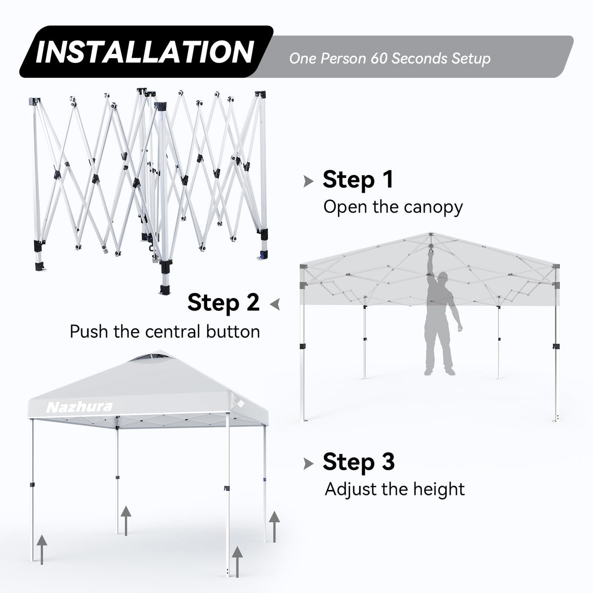 Nazhura 10' x 10' Pop Up Canopy Tent with Sand Weight Bag, Freestanding Sun Shelter for Picnic and Camping, One Person Setup and Height Adjustable (White) Nazhura