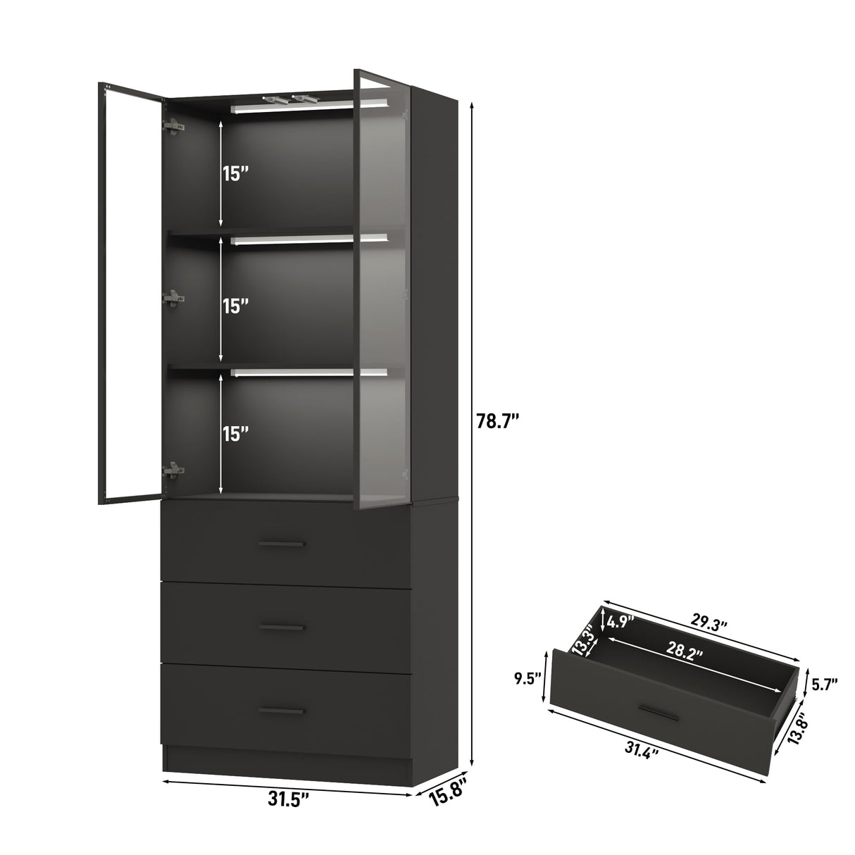chartustriable 79" Tall Display Cabinet with LED Sensor Light & Pop-up Glass Doors & Drawers, Modern Bookcase Curio Storage Cabinet for Bedroom, Living Room, Office, Black chartustriable
