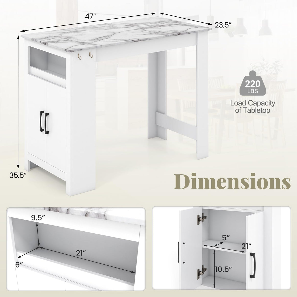 COSTWAY Bar Table, Modern Faux Marble Breakfast Table with 7 Hanging Hooks, Open Compartment, Storage Cabinet & Adjustable Shelf, Counter Height Dining Table for Kitchen, Dining Room, Living Room COSTWAY