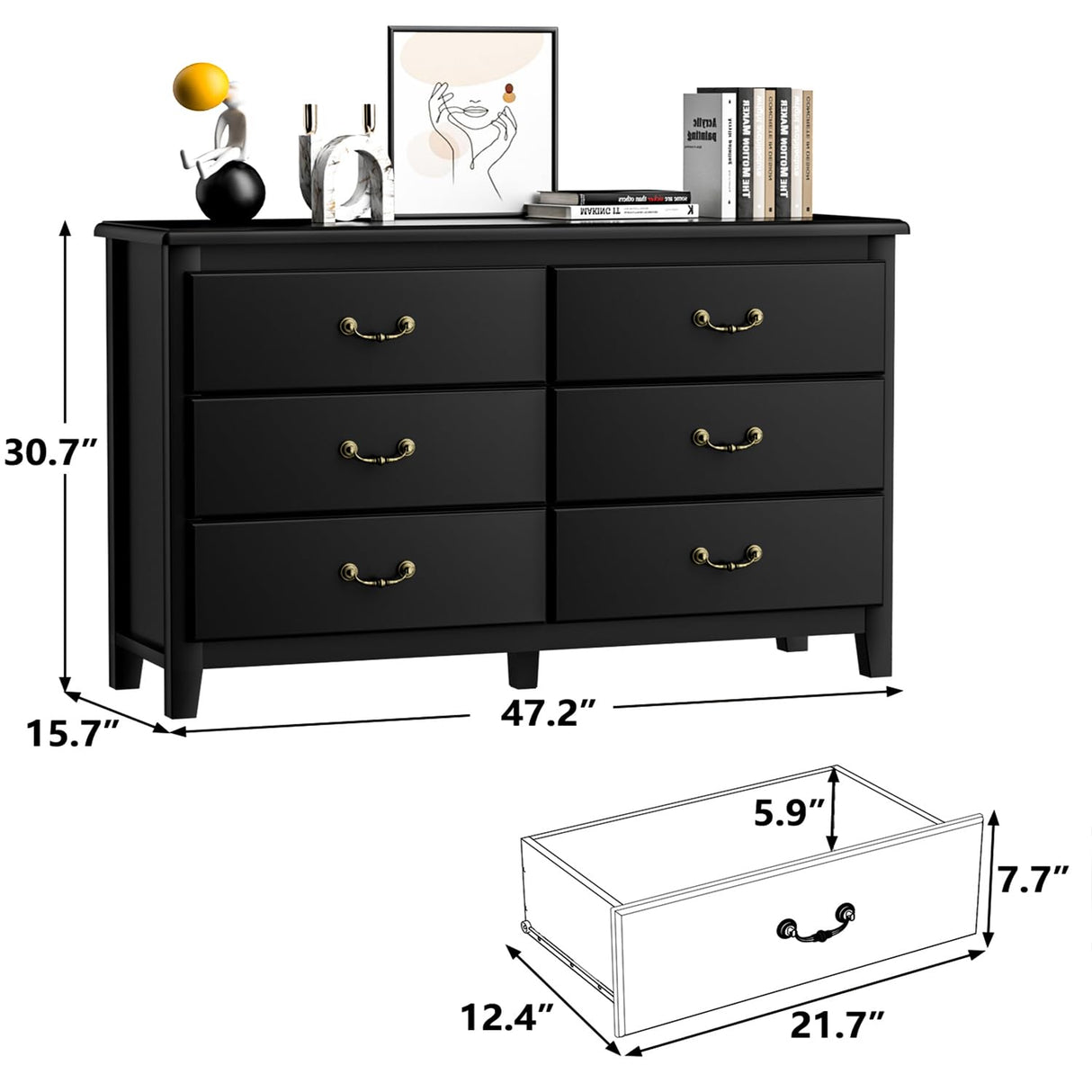 HOUROM Black Dresser for Bedroom, Modern Farmhouse Style 6 Drawer Double Dresser with Vintage Gold Antique Pulls, Dresser and Chest of Drawers, Hallway 6 Drawer Dresser, Antique Black HOUROM