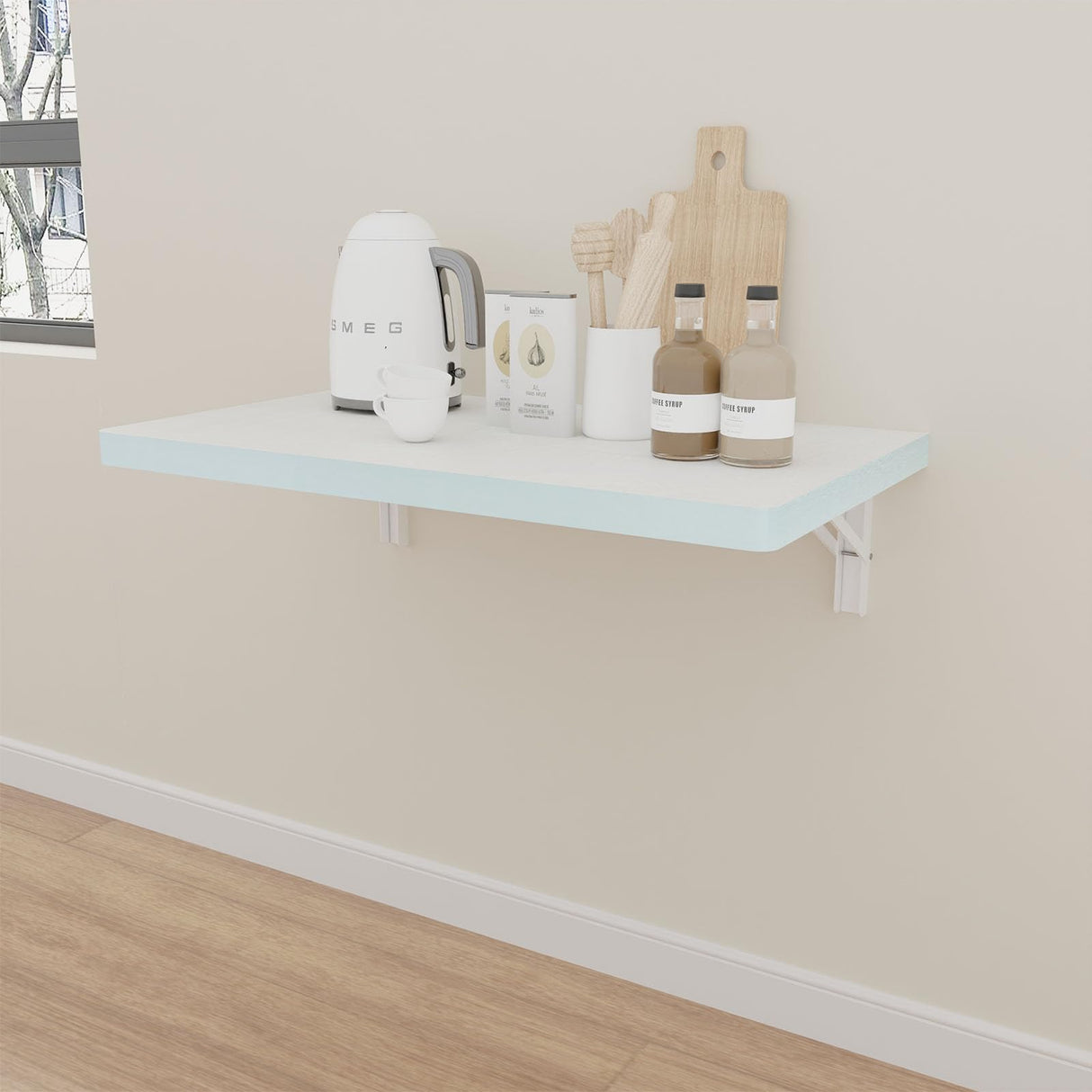 IAE Wall Mounted Folding Table with pine wood, 24" x 14" Wall Mount Drop Leaf Table, Floating Desk with Iron Bracket, Fold Down Desk for Small Spaces, Home Office, Dining, Laundry Room, Kitchen, White IAE