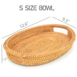 Small Handmade Rattan Basket, Oval Wicker Bowl, Rustic Serving Tray with Handles, Fruit Bowls, Table Organizers Storage Dish for Food, Catering, Catchall, Brown, S, 12.6 Inch amololo