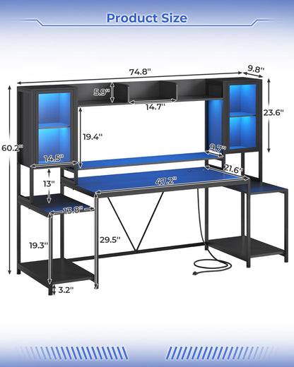 SEDETA Gaming Desk 74.8'' with LED Lights, Hutch and Storage Shelves, Computer Desk with Monitor Stand, Large PC Gamer Desk Workstation, Ergonomic Gaming Table for Bedroom, Living Room, Black - WoodArtSupply