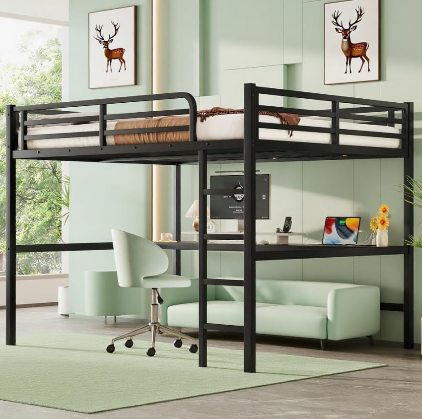 Bellemave Queen Loft Bed with Desk, Metal Queen Loft Bed Frame with guardrail and Ladder for Adults, Kids, Teens, Black with A Black Desk Bellemave