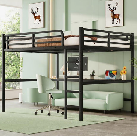 Bellemave Queen Loft Bed with Desk, Metal Queen Loft Bed Frame with guardrail and Ladder for Adults, Kids, Teens, Black with A Black Desk Bellemave
