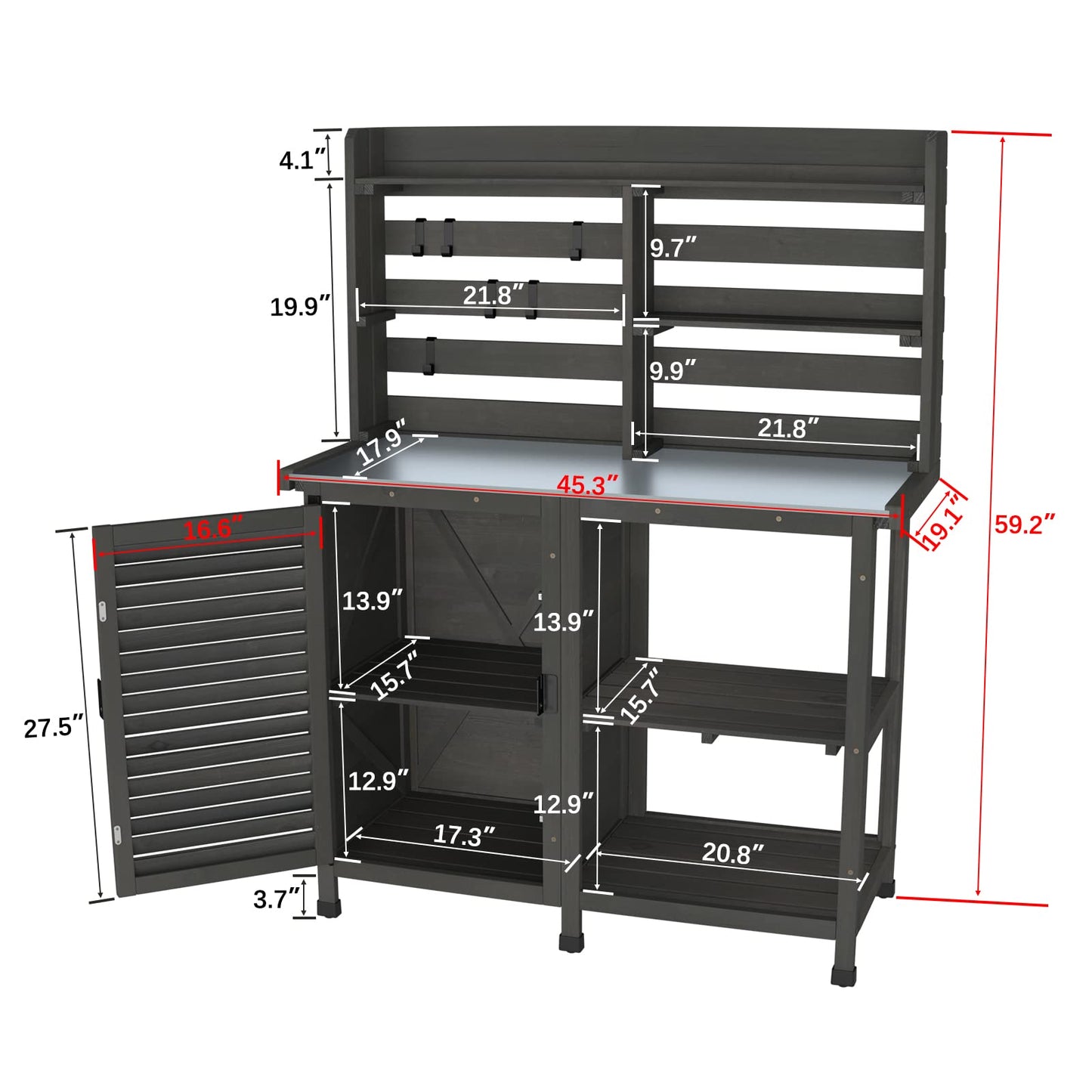 GDLF Potting Bench Table Large Garden Outdoor Work Bench Metal Tabletop Workstation with Storage Cabinet Shelf Dark Grey - WoodArtSupply