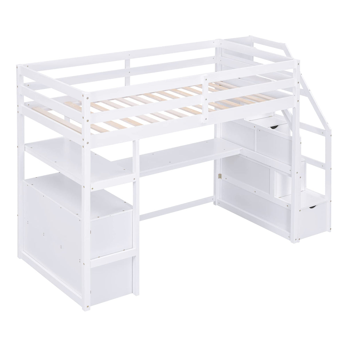 Twin Loft Bed with Storage Staircase and Desk, Wood Twin Size Loft Bed with Shelves and 2 Drawers, Loft Bed with Step for Kids Boys Girls Teens, White Harper & Bright Designs