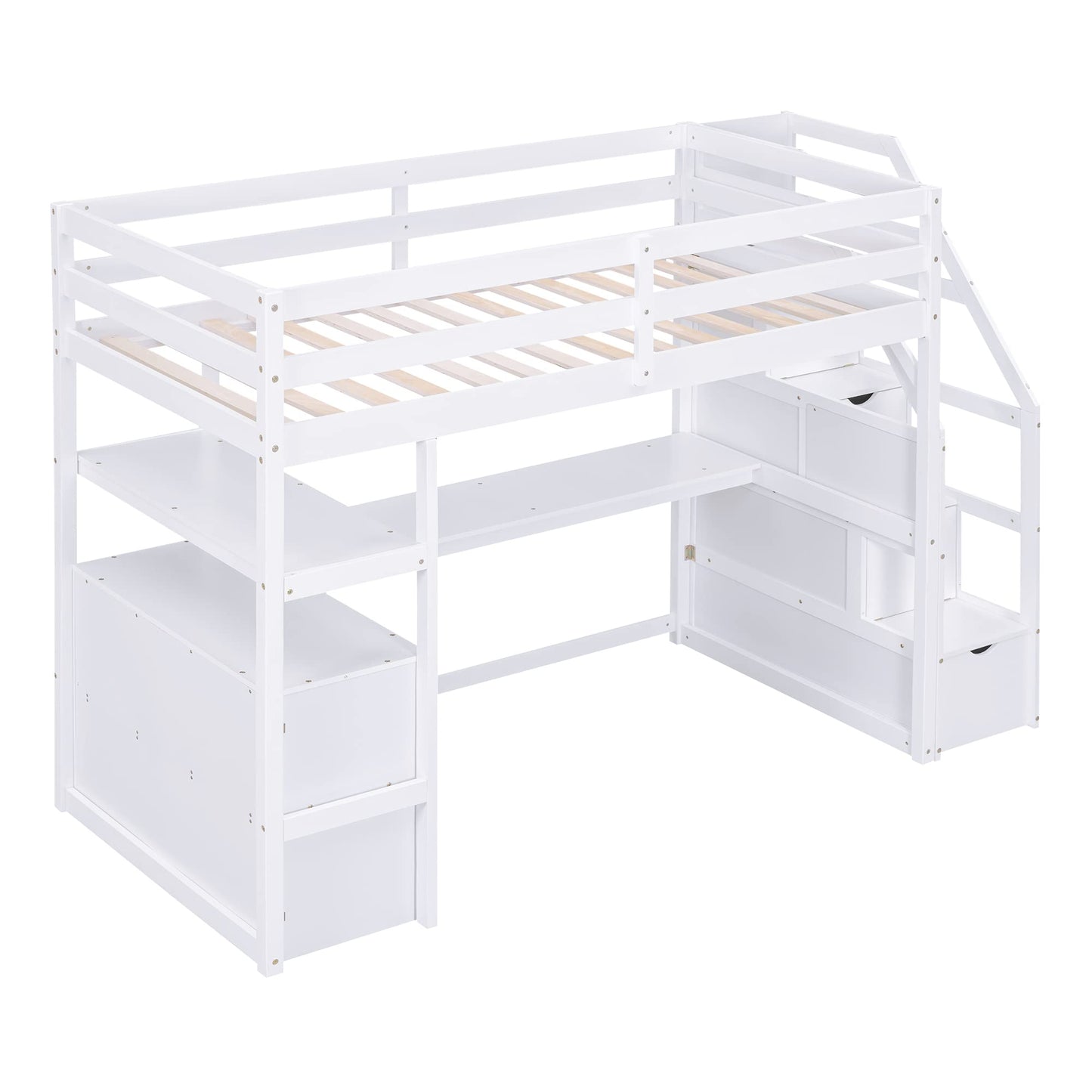 White Twin Loft Bed with Stairs, Desk, and Storage by Harper & Bright Designs - WoodArtSupply