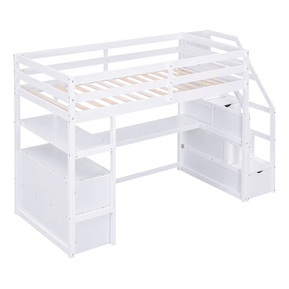 White Twin Loft Bed with Stairs, Desk, and Storage by Harper & Bright Designs - WoodArtSupply