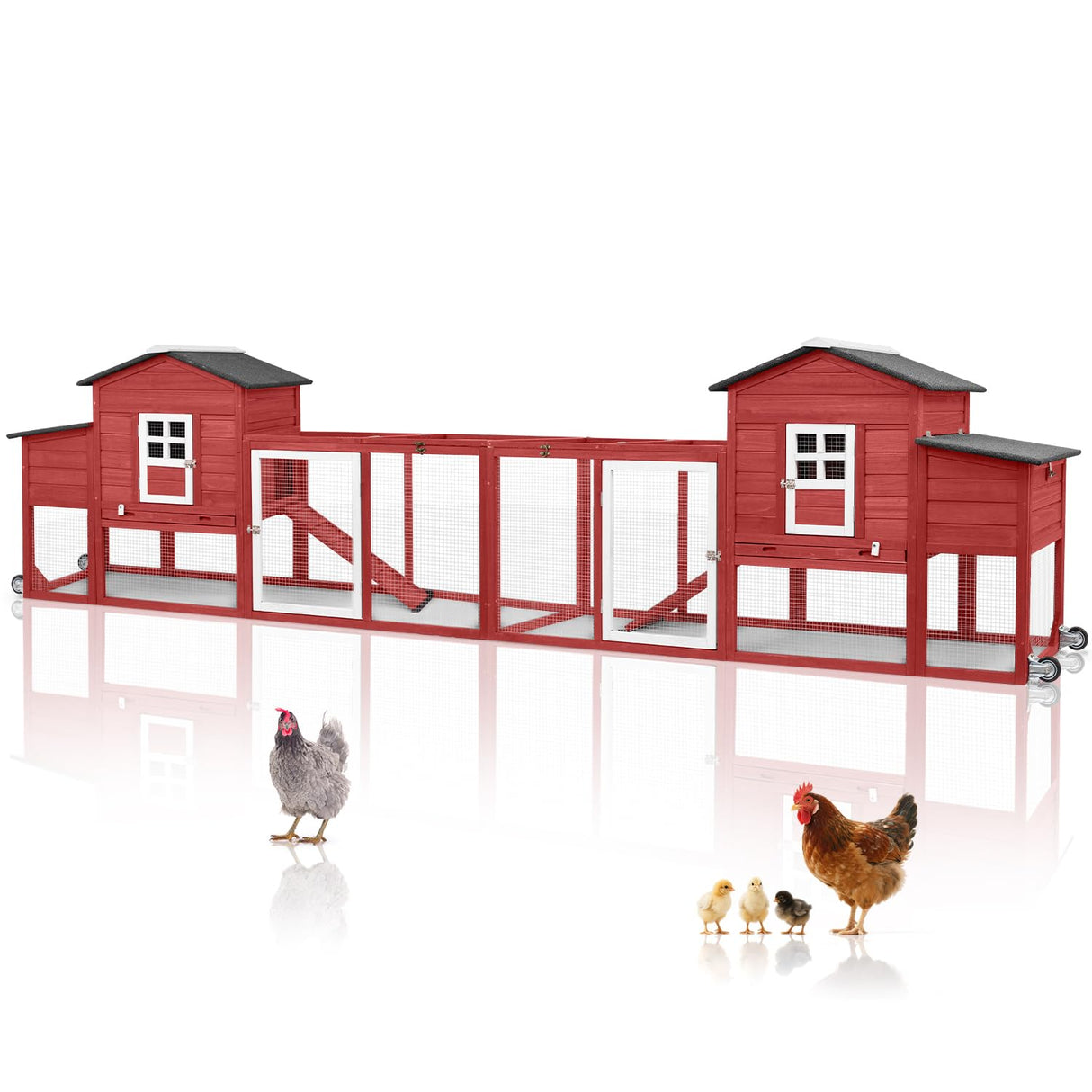 Magazoopet 158" L Large Chicken Coop with Run, Chicken House with Nesting Boxes, Wheels, Outdoor Mobile Hen Chicken Coop Poultry Cage with Removable Tray, Ramp (Red) Magazoopet