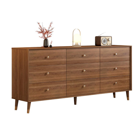 Messenya Mid Century Modern 9-Drawer Dresser, 63 Inch Wide Solid Wood Frame Chest, Walnut Finish, Beveled Design, Heavy-Duty Drawer Glides, Storage Cabinet for Bedroom, Living Room, TV Stand Messenya