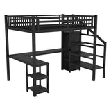 Full Size Loft Bed with Desk and Stairs, Gaming Loft Bed with RGB LED Light and Storage, Heavy-Duty Metal Lofts Beds Frame with Wardrobe, Shelves and Charging Station for Adults Kids Teens, Black Mirightone