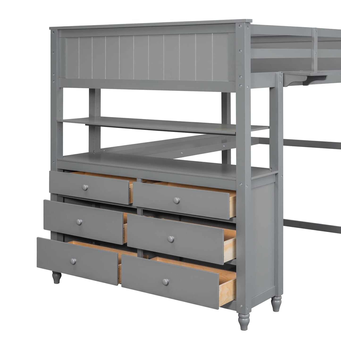 Harper & Bright Designs Grey Full Size Loft Bed with Desk, Storage Drawers, and Shelves for Kids and Teens