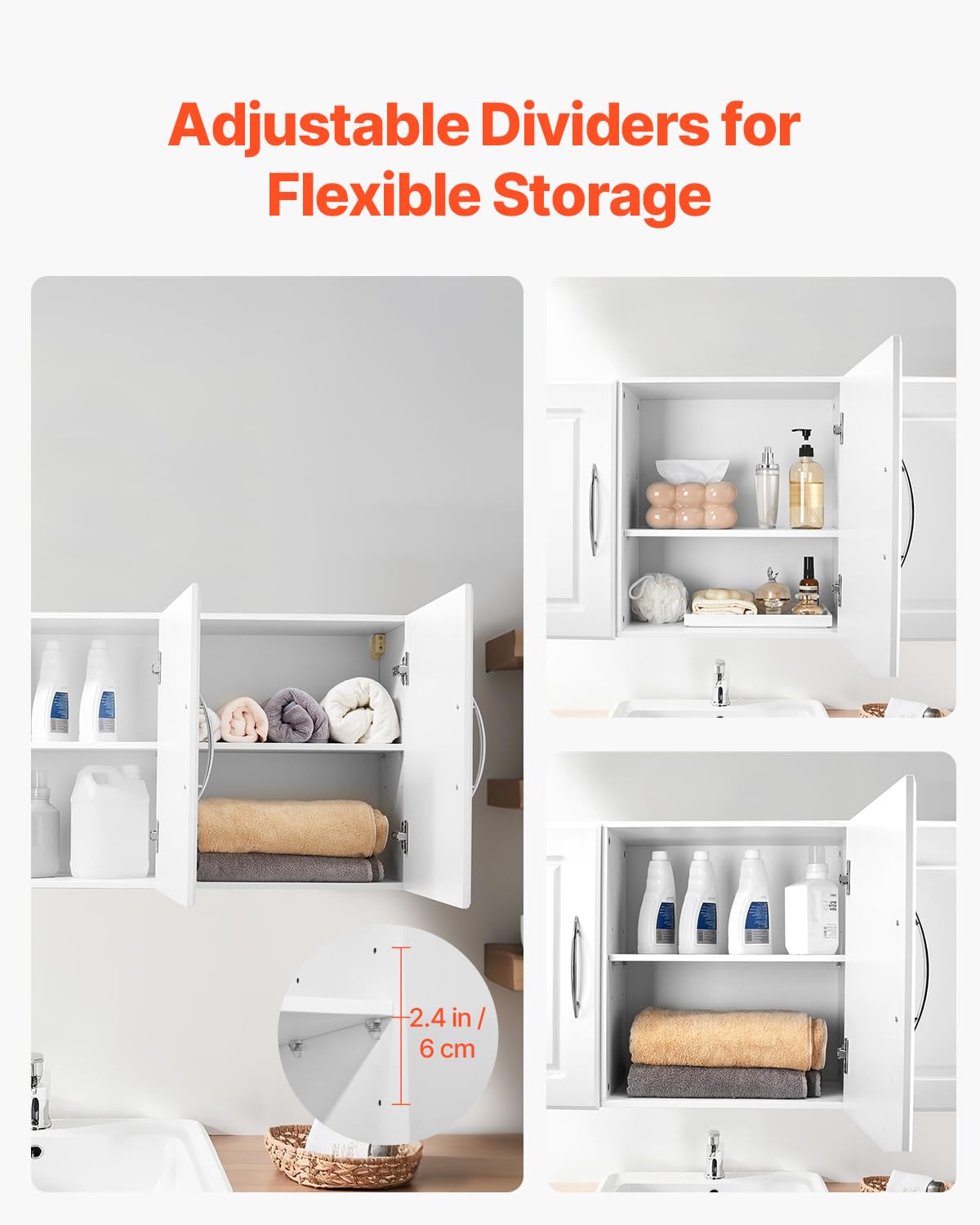 VEVOR Laundry Room Wall Cabinet, 2-Tier Wall Mounted Hanging Cabinet with 3 Doors, Cupboard Organizer with Adjustable Shelf, for Kitchen, Garage, Laundry, 12.44 x 54 x 20.31 in (D x W x H), White VEVOR