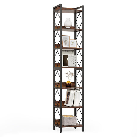 LITTLE TREE Corner Book Shelf, 78.7" Tall Narrow Bookcase, 7-Tier Skinny Wooden Display Shelves with Sturdy Metal Frame for Living Room, Modern Slim Standing Bookshelves for Office Shelf, Small Spaces LITTLE TREE