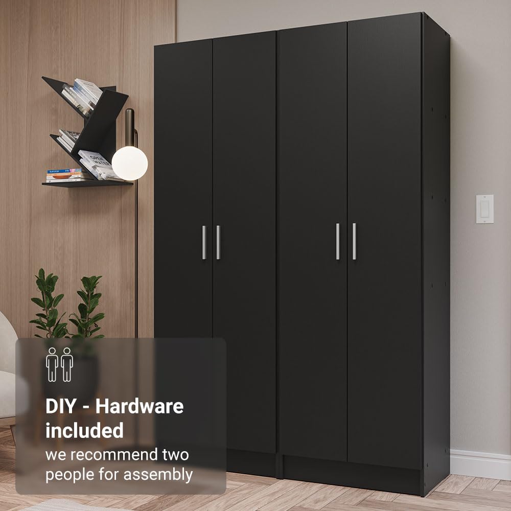 Madesa Wardrobe Armoire Closet Pantry Storage Cabinet with 4 Doors and 10 Utility Shelves 47" L Wooden Organization Unit for Bedroom, Office, Laundry Room, Kitchen, and Garage (Black) Madesa