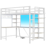 MSmask Loft Bed Twin Size with L Shaped Desk, LED Lights, Charging Station, Heavy Duty Metal Loft Bed Frame with 6 Storage Shelves, Safety Guard & Ladder, No Box Spring Needed, No Noise, White MSmask
