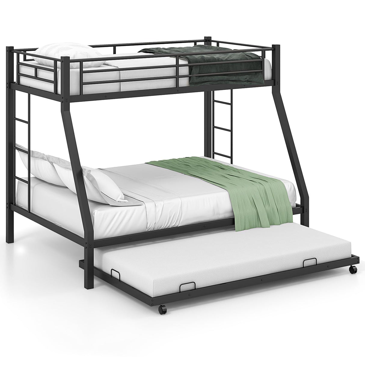 KOMFOTT Twin Over Full Bunk Bed with Trundle, Heavy-Duty Metal Bunk Bed Frame with Guardrail & 2 Ladders, Space-Saving Bunk Bed for Kids/Teens/Adults, No Box Spring Needed KOMFOTT