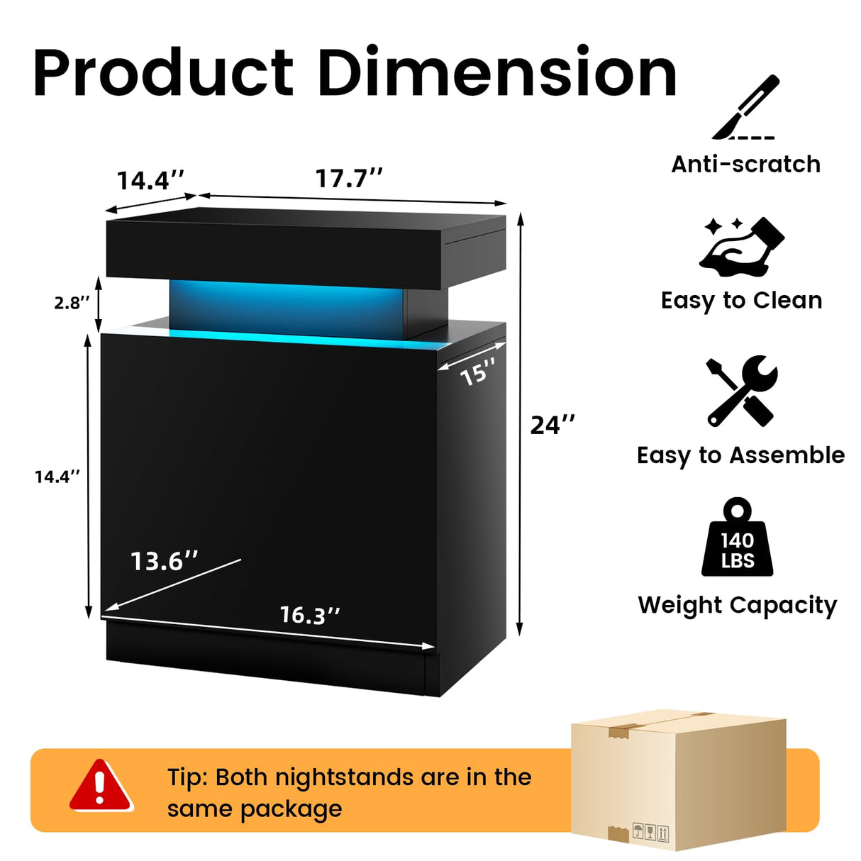 Breezestival 17" Nightstand with LED Lights Set of 2, Night Stand Bedside Table with Open Compartment, Modern End Side Table with Storage for Bedroom, Black Breezestival