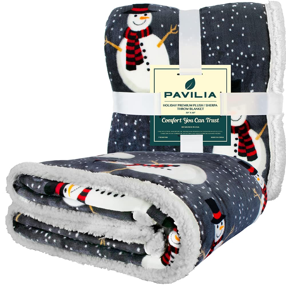 PAVILIA Premium Christmas Sherpa Throw Blanket | Snowman Decoration, Fleece, Plush, Warm, Cozy Reversible Microfiber Holiday Blanket 50 x 60 PAVILIA