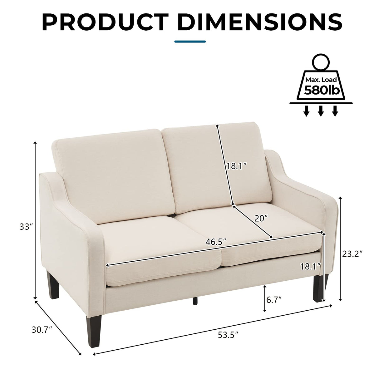 VINGLI Loveseat 53" Small Couch Loveseat Sofas for Living Room Mid Century Modern Sofa Couch Beige Love Seat Couches with Scooped Arms for Small Spaces, Bedroom, Apartment, Studio VINGLI