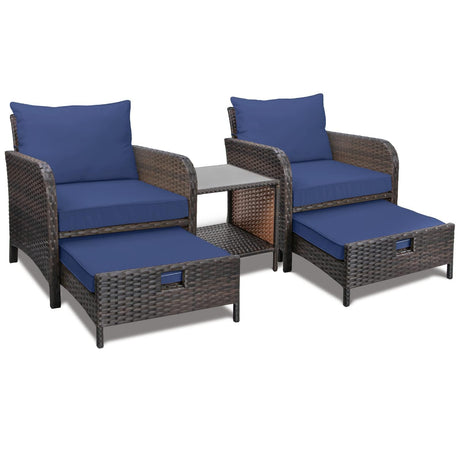 LEVELEVE Balcony Furniture 5 Piece Patio Conversation Set, PE Wicker Rattan Outdoor Lounge Chairs with Soft Cushions 2 Ottoman&Glass Table for Porch, Lawn-Brown Wicker LEVELEVE