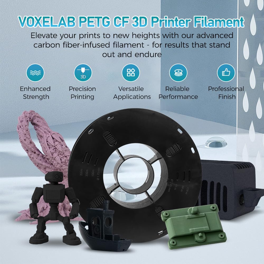 VOXELAB Carbon Fiber PETG 3D Printer Filament, PETG Carbon Fiber Black Filament 1.75mm 1KG (2.2 LBS) 1 Spool, 3D Printing Material, Dimensional Accuracy +/- 0.02 mm, PETG CF Black Voxelab