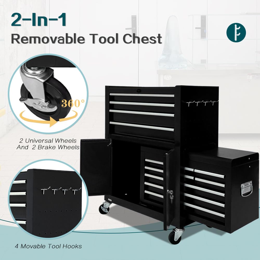 SONLMIK 13-Drawer Rolling Tool Chest with Double Door Handle, 2-in-1 Detachable Metal Storage Cabinet with Wheels and Lock, Large Capacity Tool Box for Garage, Home, Warehouse, Basement(Black) SONLMIK