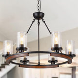 NSRCE 28 Inch Wagon Wheel Chandelier with Glass Shade, 6-Light Round Farmhouse Pendant Light Fixture for Dining Room Kitchen Foyer Entryways, Black Metal and Wood Finish NSRCE