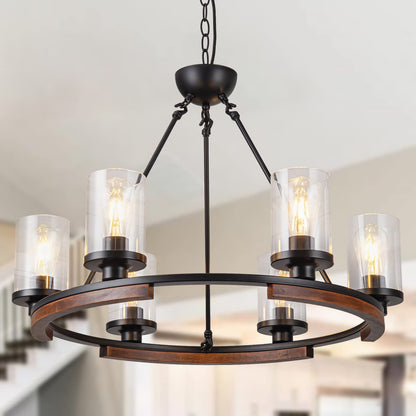 NSRCE 28 Inch Wagon Wheel Chandelier with Glass Shade, 6-Light Round Farmhouse Pendant Light Fixture for Dining Room Kitchen Foyer Entryways, Black Metal and Wood Finish