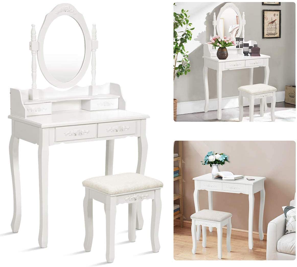 Alohappy Makeup Vanity Set with Mirror & Stool for Girls, Vanity Table and Cushioned Stool Set with 4 Drawers, Wood Dressing Table for Bedroom Alohappy