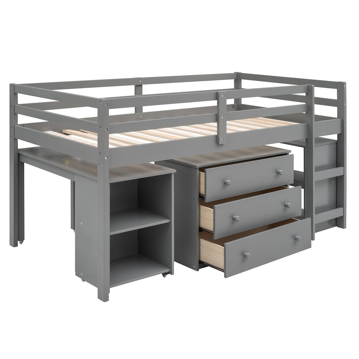 Twin Loft Bed with Desk Low Study Kids Twin Loft Bed with Storage Drawers, Low Loft Bed Twin for Kids Twin Loft Bed with Safety Guard Rails and Bookcase Shelf (Grey, Twin Loft with Desk) Harper & Bright Designs