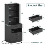 AOGLLATI Tall Night Stand Set of 2 with Charging Station and LED Lights, Black Nightstand with 3 Drawers and Adjustable Shelves, Modern Bedside Table with Bookshelf for Bedroom AOGLLATI