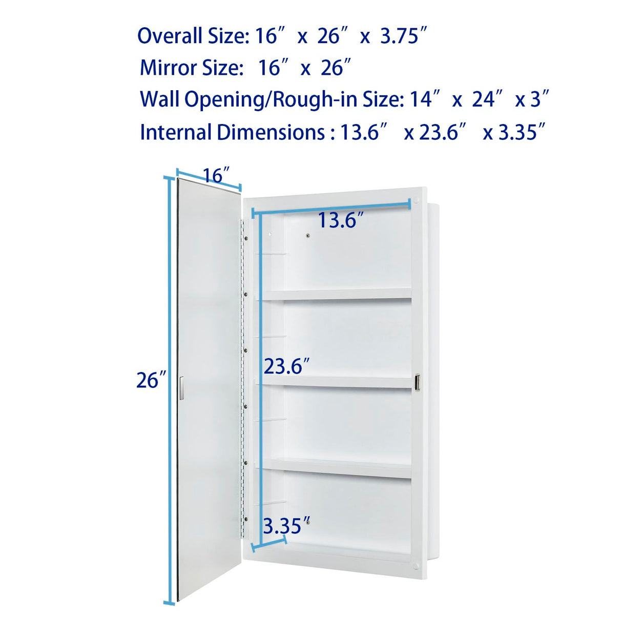 IDYLLOR Plastic Medicine Mirror Cabinet for Bathroom 16 x 26 inch, Surface and Recessed Mount IDYLLOR