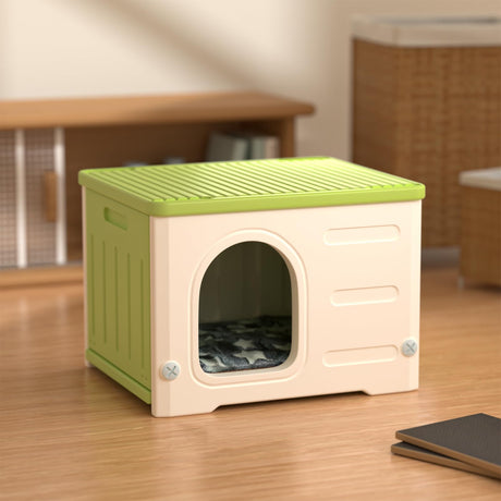 Plastic Cat House for Outdoor Indoor Use, Stackable Feral Cat Shelter Indoor Cat House Insulated Weatherproof Waterproof Elevated with Cat Scratching Board & Cushion (Green) TSEHOOHOO