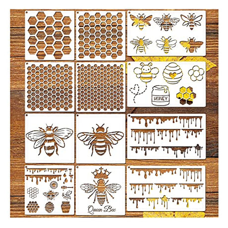 12 Pieces Bee Honeycomb Stencil, Reusable Bee Stencils for Painting on Wood Signs Furniture DIY Crafts Wall Canvas Fabric Plastic Drawing Template Hexagon Paint Wood Burning Stencils (bee) Hosomono