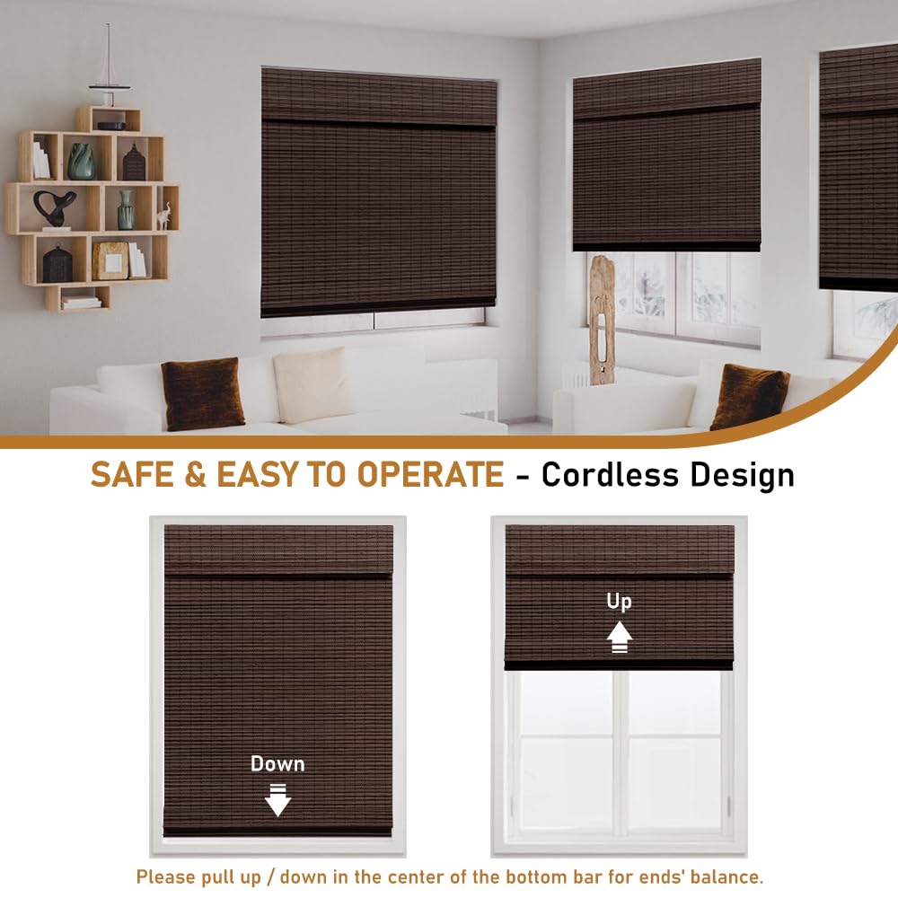 SEEYE Cordless Bamboo Roman Shades, Blackout Natural Bamboo Blinds for Indoor Windows, Roll Up Blind Privacy Shade for Home, Office, Door, UV Resistant & Easy to Install, 34" W x 64" H, Brown SEEYE
