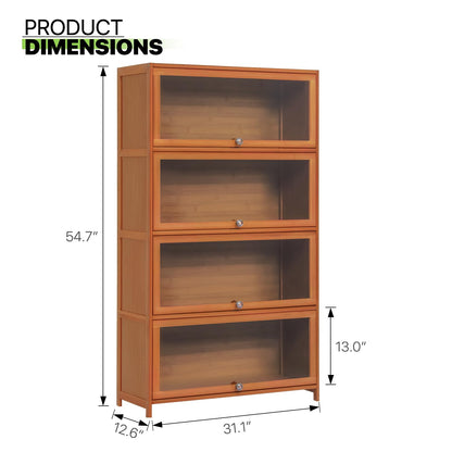 Magshion Bamboo 4-Tier Display Case Bookcase with Clear Acrylic Flip-Up Doors, Wide Brown Kitchen Cabinet Storage Pantry Cabinet Showcase Storage Cabinet Organizer - 31" L x 12.5" W x 54.5" H - WoodArtSupply