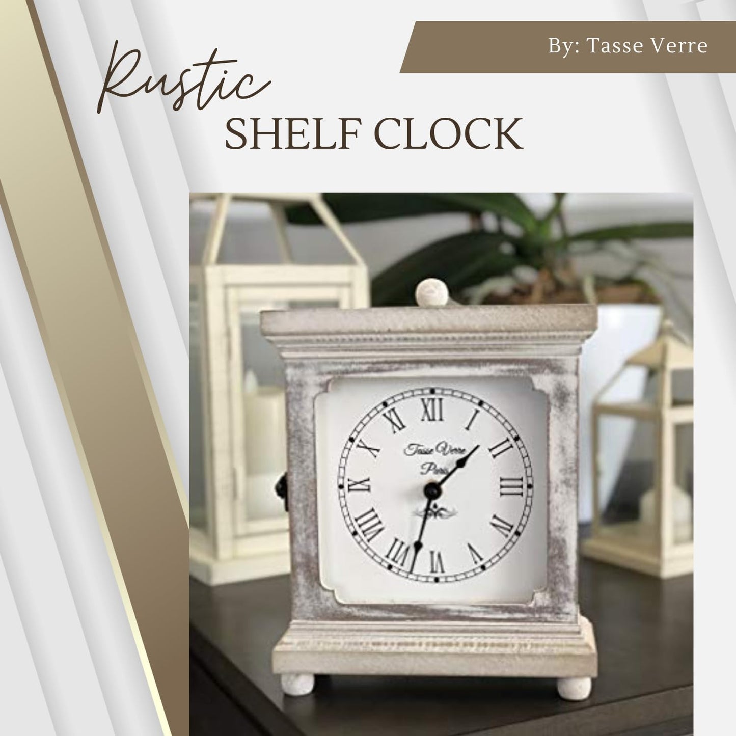 Tasse Verre Rustic Shelf Clock (Quiet) for Living Room Mantel, Table, Or Desk 9" X 7" Farmhouse Decor Distressed White Washed Wood Silent - Office Fireplace. AA Battery Operated Non-Digital,  - WoodArtSupply