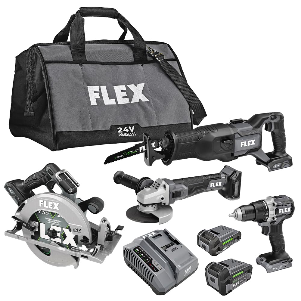 FLEX 24V Brushless Cordless 4-Tool Combo Kit: Circular Saw, Reciprocating Saw, Fixed Speed Angle Grinder, Drill Driver with 2.5 Ah, 5.0Ah Lithium Batteries and 160W Charger - FXM402-2B FLEX