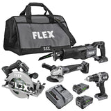 FLEX 24V Brushless Cordless 4-Tool Combo Kit: Circular Saw, Reciprocating Saw, Fixed Speed Angle Grinder, Drill Driver with 2.5 Ah, 5.0Ah Lithium Batteries and 160W Charger - FXM402-2B FLEX