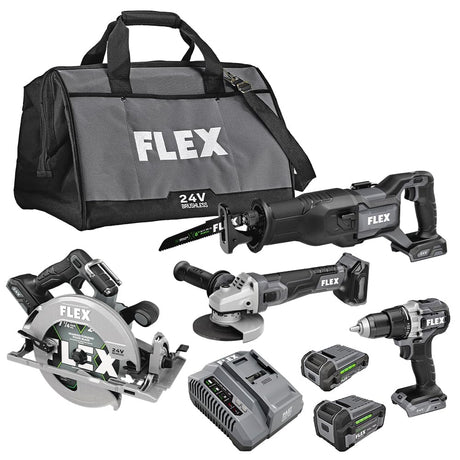 FLEX 24V Brushless Cordless 4-Tool Combo Kit: Circular Saw, Reciprocating Saw, Fixed Speed Angle Grinder, Drill Driver with 2.5 Ah, 5.0Ah Lithium Batteries and 160W Charger - FXM402-2B FLEX
