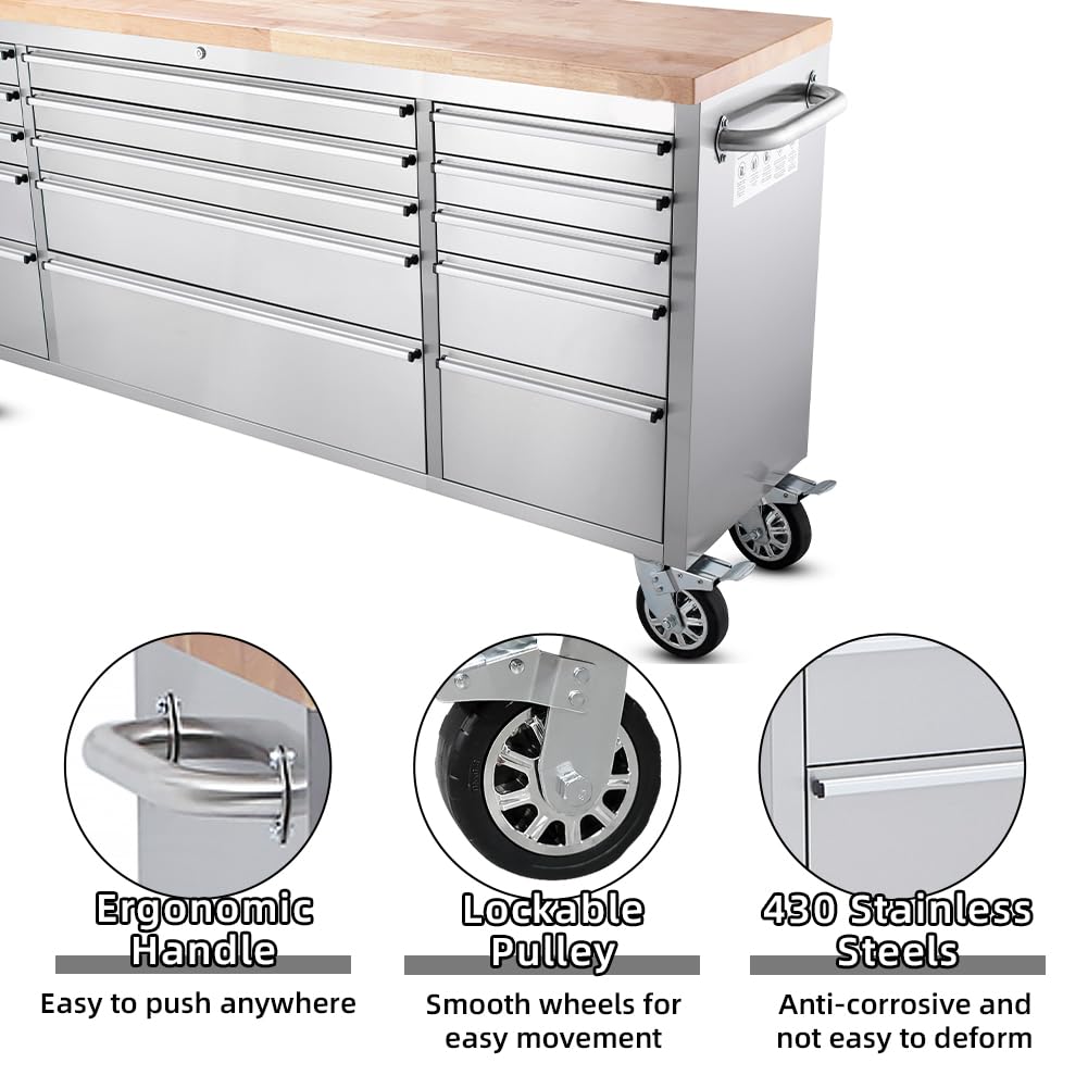 FH FOHOME 72-inch Stainless Steel Rolling Tool Chest with 15 Drawers, Lockable Mobile Storage Cabinet for Garage, Workshop, and Home - WoodArtSupply