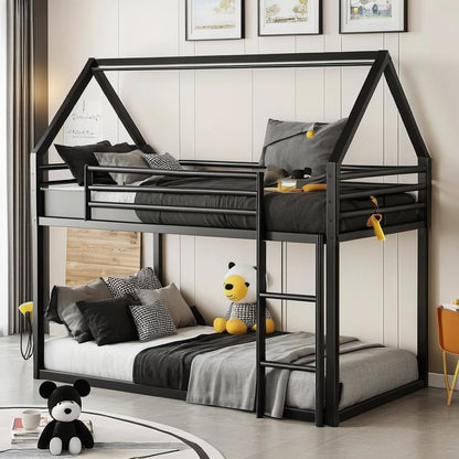 UOCFYK Full Over Full House Bunk Bed with Roof Design & Ladder, Metal Playhouse Bedframe for Kids, Boys and Girls, Easy Assembly & No Box Spring Needed (Black)