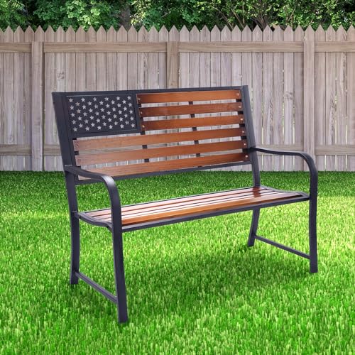 BACKYARD EXPRESSIONS PATIO · HOME · GARDEN Wooden Flag Bench Metal American Patio/Porch Slats-46 Width, 24" Deep Seat, Natural - WoodArtSupply