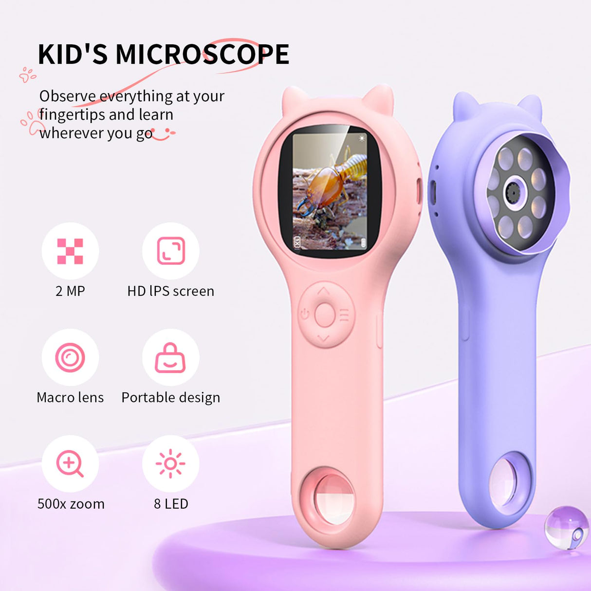 Microscope for Kids - Mini Pocket Handheld Microscope for Toddlers-STEM Educational Science Kit Toys for Christmas Birthday Gifts Toys for 5 6 7 8 9 10 11 12 Year Old Girls（Purple） Ashfly