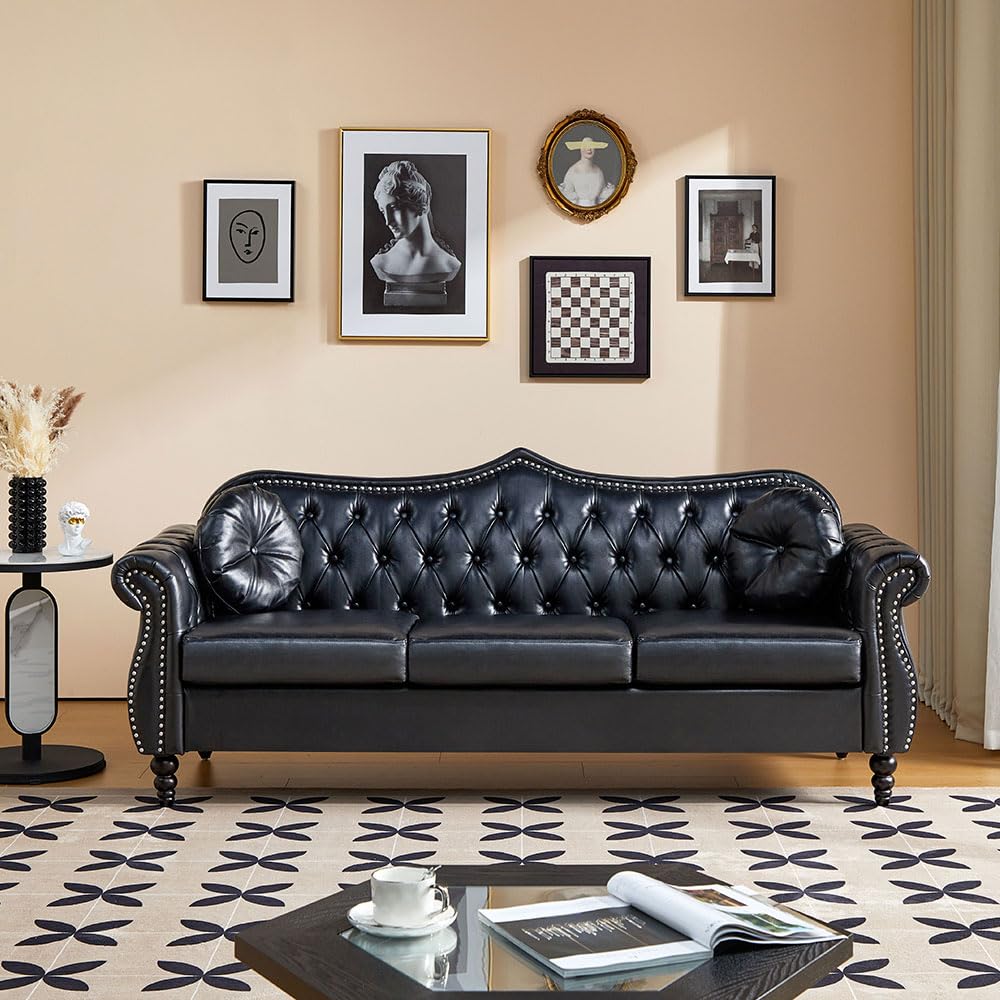 RUSTYER Chesterfield Three Seater Sofa, Mid-Century Modern Faux Leather 3-Seater Upholstered Couch, Tufted Living Room Sofa with 2 Pillows and Button Nailhead, Black RUSTYER
